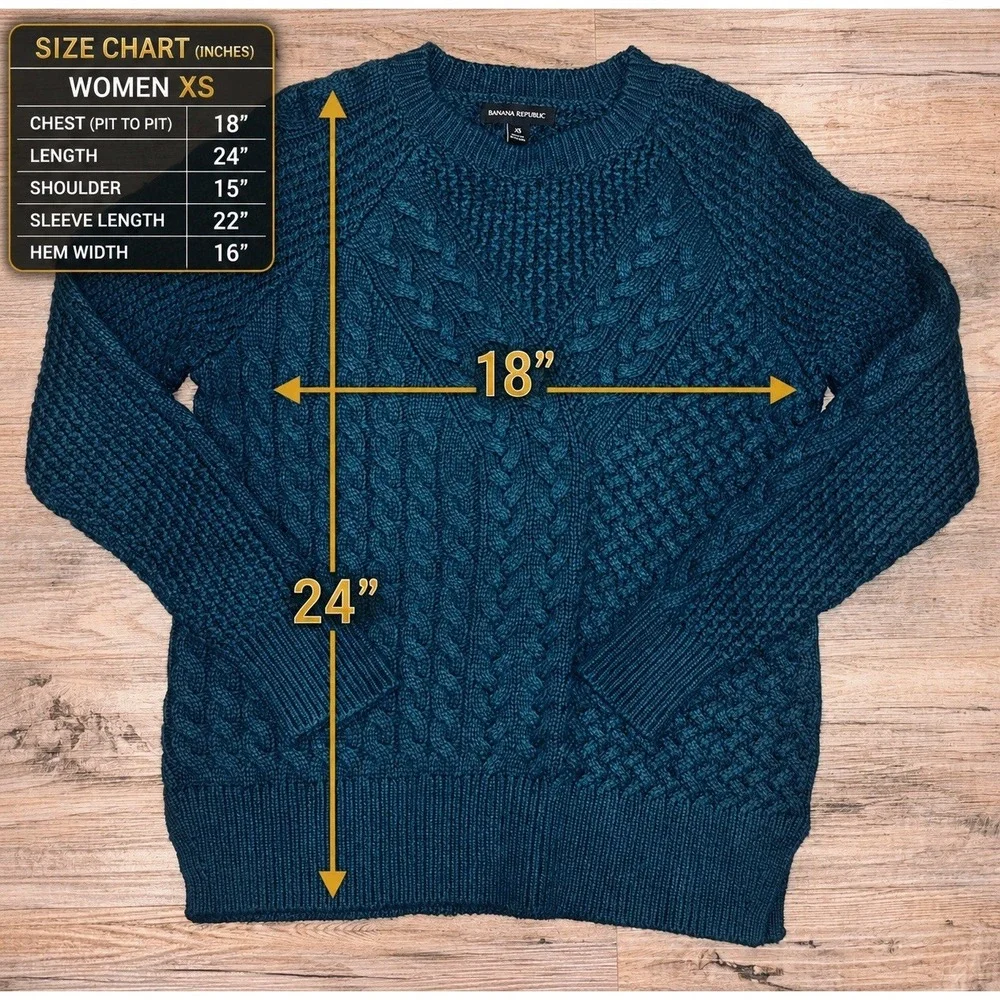 Banana Republic Cable Knit‎ Sweater Tunic Glen Green Merino Cotton Woman XS Cozy